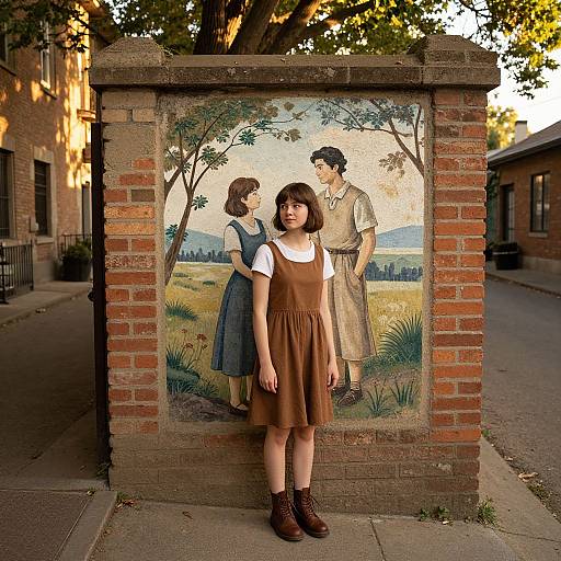 Photograph of a young girl in a brown dress and white shirt standing in front of a brick wall mural depicting a 1930s couple in a