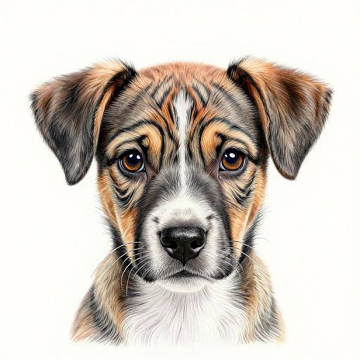 Detailed digital drawing of a cute, brown and white dog with large, expressive brown eyes, black nose, and floppy ears, against a white background.