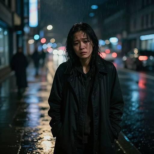 Lonely Figure in Rainy Neon Night