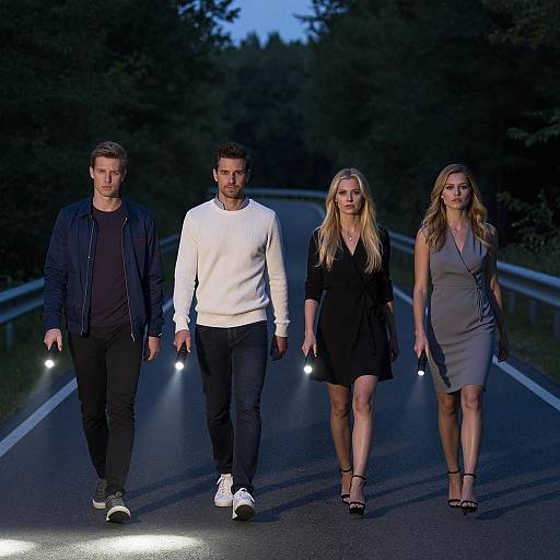 Four Serious Figures on a Narrow Night Road