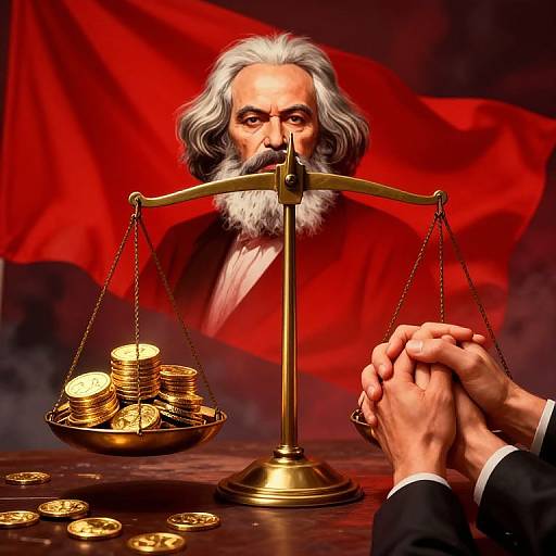 Photograph: Gray-bearded man with intense gaze, wearing red, behind a balanced gold scale with coins, against a red flag background, hands clas