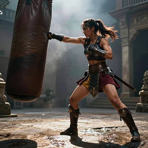 Photorealistic digital artwork: muscular woman with brown ponytail, wearing black sports bra, maroon skirt, and leather boots, punches large brown punching