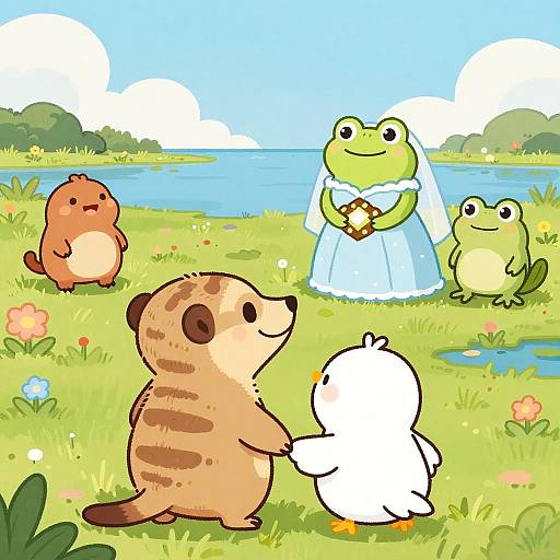 Cartoon image of a green frog bride in a blue dress, holding a book, surrounded by three cute animals: a brown-striped meerkat,