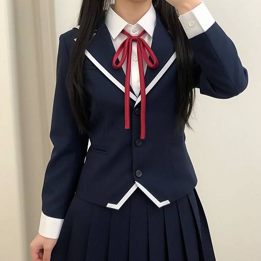 Photograph of an Asian woman in a black Japanese school uniform with white trim, red ribbon, and pleated skirt, partially covering her face with one