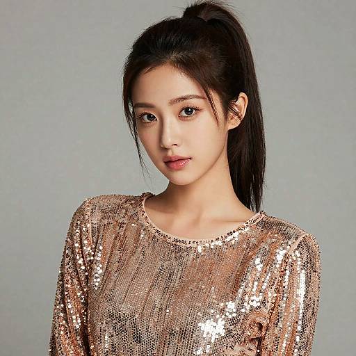 Photograph of an Asian woman with light skin, black high ponytail, wearing a shimmering gold sequined top, against a plain gray background.
