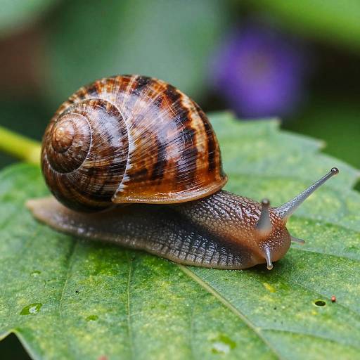 Glossy Striped Snail on Leaf