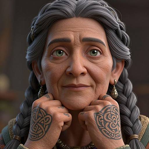 Digital portrait of an elderly woman with gray braided hair, green eyes, Celtic tattoos on hands, and intricate earrings, smiling thoughtfully.