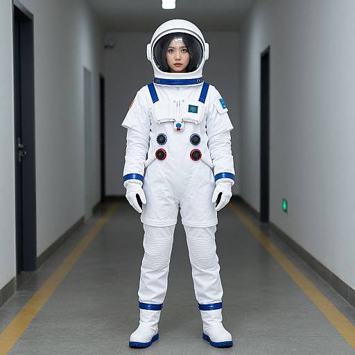 Photograph of an Asian woman in a white astronaut suit with blue trim, standing in a long, white, empty hallway.