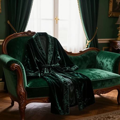Photograph of a luxurious green velvet sofa with ornate wooden trim, draped in an elegant black satin robe, in front of a bright window with dark