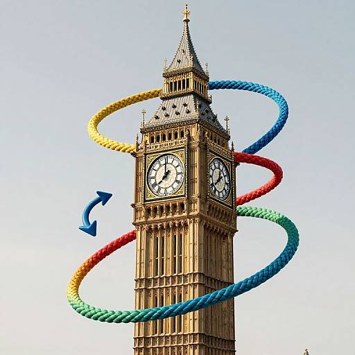Photograph of Big Ben clock tower with colorful, swirling ropes encircling it against a clear blue sky.