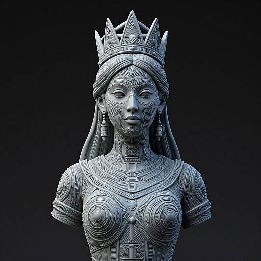 CGI 3D sculpture of an African queen, adorned with intricate geometric patterns, crown, and traditional headwrap, against a dark gradient background.
