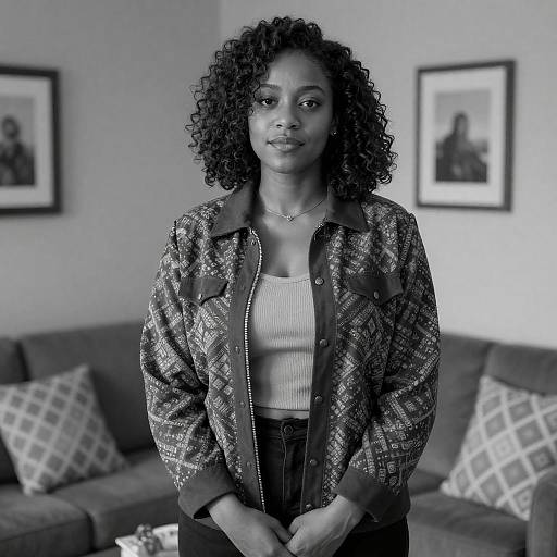 Black-and-White Curly Woman in Living Room