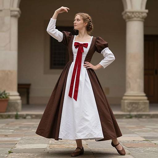 Photograph of a woman in a brown and white vintage-style dress with red bow, striking a pose on a cobblestone courtyard, arches and