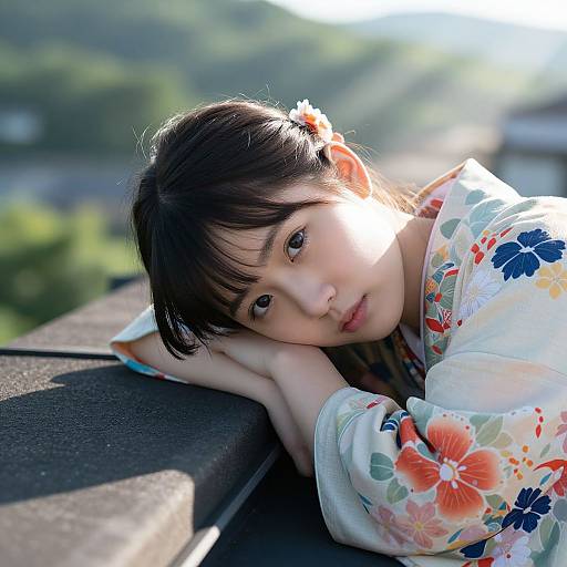 Photograph of a young Asian woman with black hair in a floral kimono, resting her head on a sunlit balcony railing.