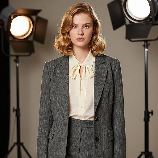 Photograph of a young woman with wavy blonde hair, wearing a dark gray blazer and cream blouse, standing in front of bright studio lights.
