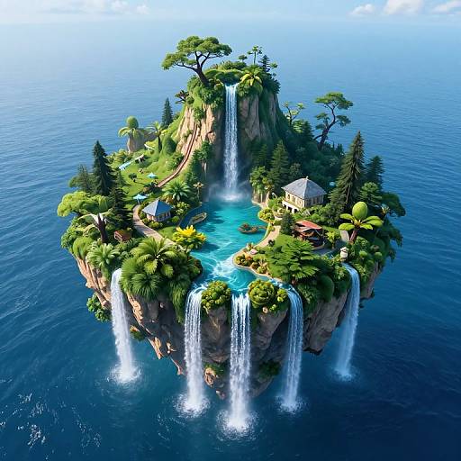 Island paradise with cascading waterfalls, turquoise pool, lush greenery, and quaint houses floating above the deep blue ocean. Digital art.