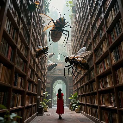 Photograph-style digital art: A girl in a red dress stands in a library aisle, surrounded by giant flying insects, with an arched window at