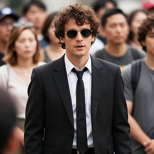 Photograph of a young man with curly brown hair, wearing dark sunglasses, black suit, white shirt, and black tie, standing in a blurred crowd