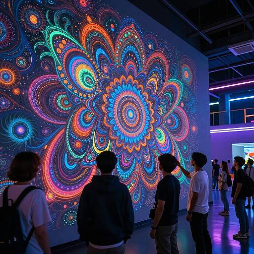 Photograph of a brightly lit, colorful, psychedelic mural with swirling patterns in neon blues, oranges, and greens, viewed by a group of people in