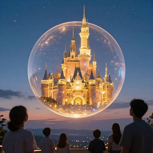 Photograph of a glowing castle inside a clear, spherical bubble against a twilight sky, with silhouetted onlookers in the foreground.