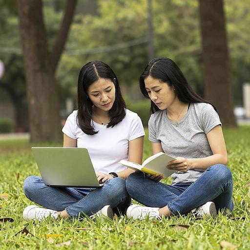 Two Women Studying Outdoors on Grass