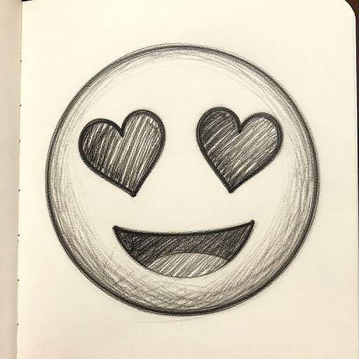 Pencil drawing of a smiling emoji with heart-shaped eyes and open mouth, outlined in black, on a white background.