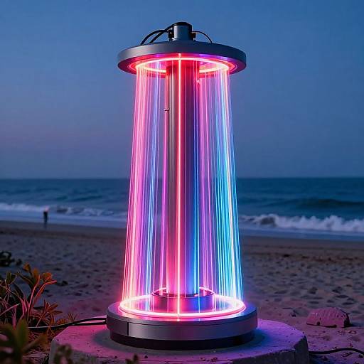 Photograph of a glowing neon beach lamp with pink, blue, and purple LED lights, standing on sand with ocean waves in the background at dusk.