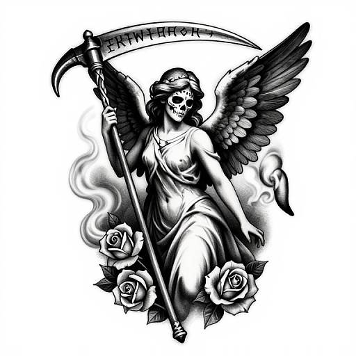Black-and-white tattoo-style drawing of a winged, skull-faced angel with a scythe, surrounded by roses and smoke, holding a curved sickle