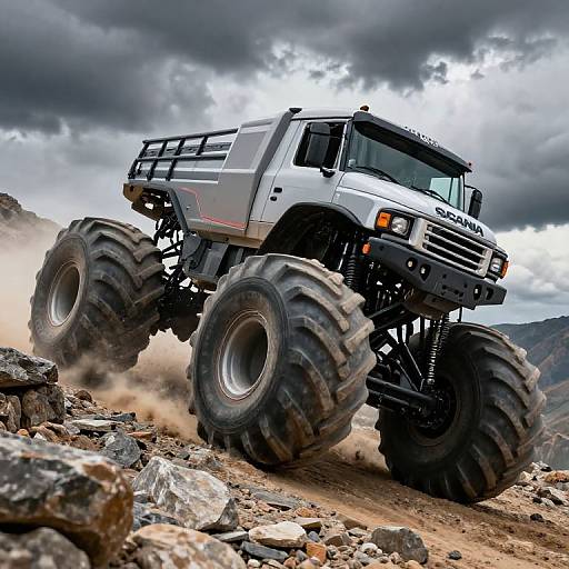 Photograph of a massive, silver off-road monster truck with large black tires, labeled 