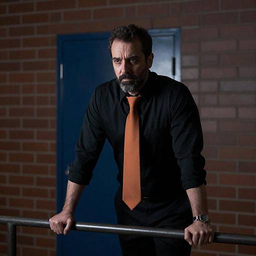 Serious Man Leaning on Metal Railing