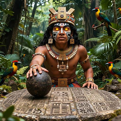 Mayan Hero Hunahpu with Glowing Eyes in Jungle