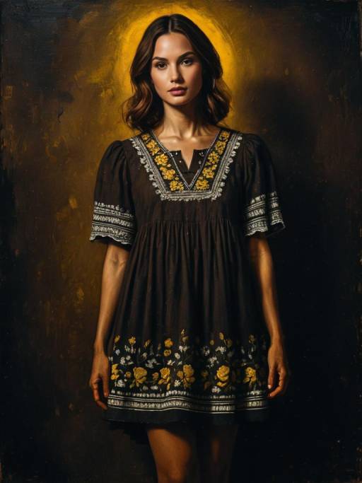 Woman in Boho-Chic Charcoal Embroidered Dress