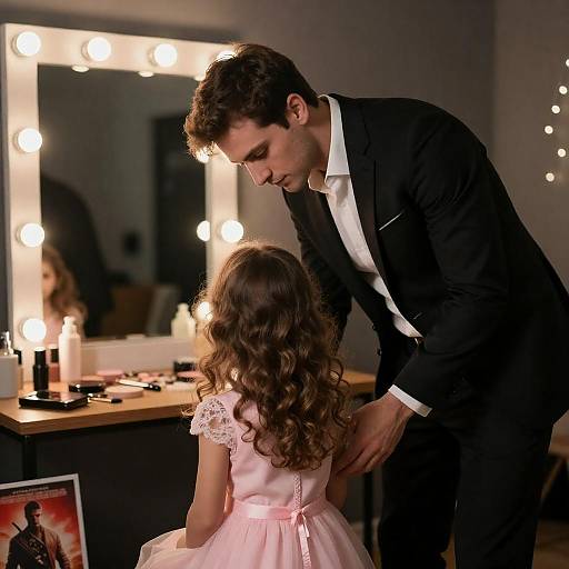 Man Adjusting Little Girl's Dress in Dressing Room