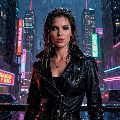 Rain-soaked woman in black leather jacket, wet hair, intense gaze, neon-lit cityscape background, vibrant neon signs, rainy night, urban