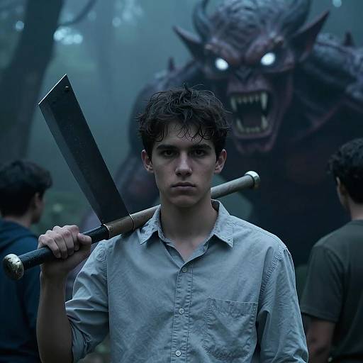 Young Man Facing Monstrous Creature