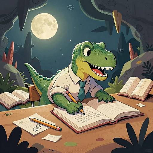 Cartoon crocodile in white shirt and tie, writing with pencil, moonlit jungle background, open books, eraser, pencil, and paper on
