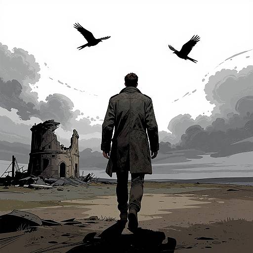 Silhouetted man in long coat walks toward ruined castle, two birds flying overhead; dark, stormy sky in digital comic art style.