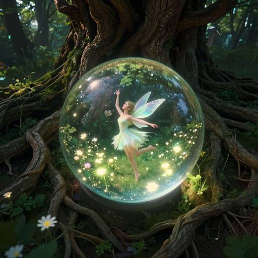 Photorealistic CGI: Delicate fairy with translucent wings and white dress inside a glowing, enchanted glass bubble, surrounded by forest roots and ethereal lights