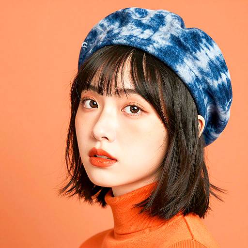 Young woman with blue tie-dye beret and orange turtleneck