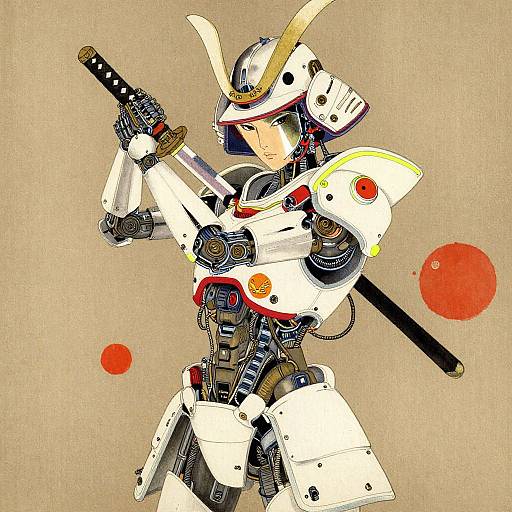 Digital drawing of a futuristic samurai in white armor with yellow accents, holding a sword, set against a beige background with red circles.