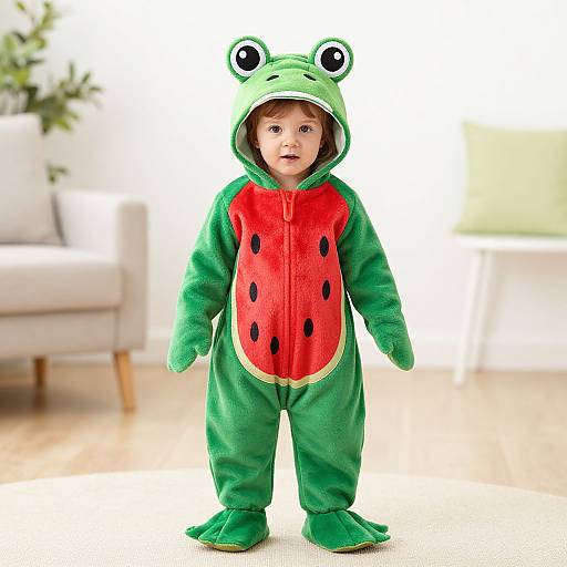 Photograph of a baby wearing a green frog costume with a watermelon belly, standing in a bright, blurred living room.