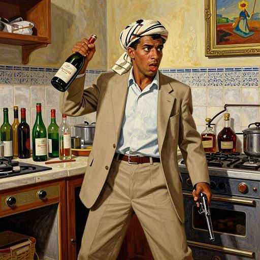 Photorealistic digital painting of a tan-skinned man in a beige suit, white shirt, and striped headscarf, holding a bottle and gun