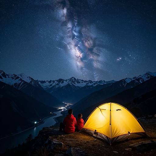 Photograph of two people in red jackets sitting by a glowing yellow tent, gazing at a starry Milky Way over snow-capped mountains at night