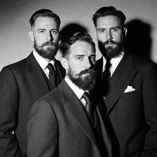 Three bearded men in black suits and white shirts, monochrome photograph, intense expressions, close together, dramatic shadows on light background.