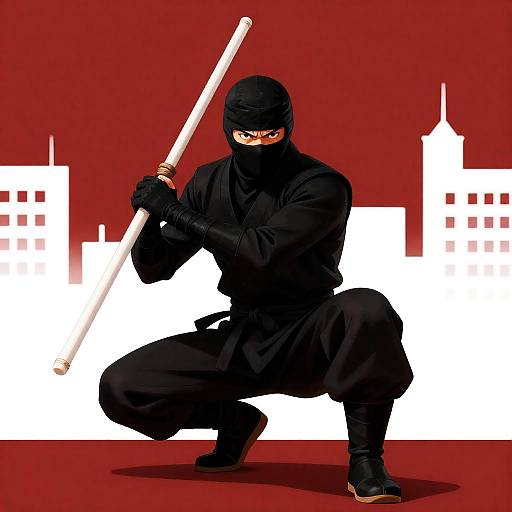 Male Ninja Crouching with White Staffs