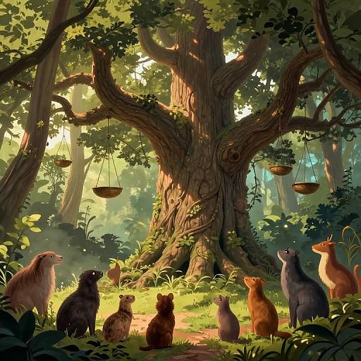 Digital illustration of anthropomorphic cats and a fox standing under a massive, sunlit tree with hanging baskets, surrounded by lush forest.