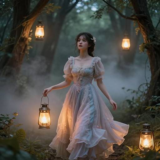 Photograph of a fair-skinned woman in a translucent, lace-trimmed Victorian dress, holding a lantern in a misty, moonlit forest