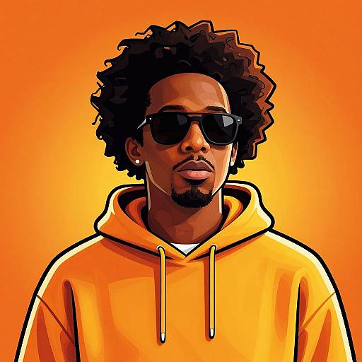 Digital illustration of a dark-skinned man with curly hair, black sunglasses, orange hoodie, and yellow background, exuding a cool, confident vibe.