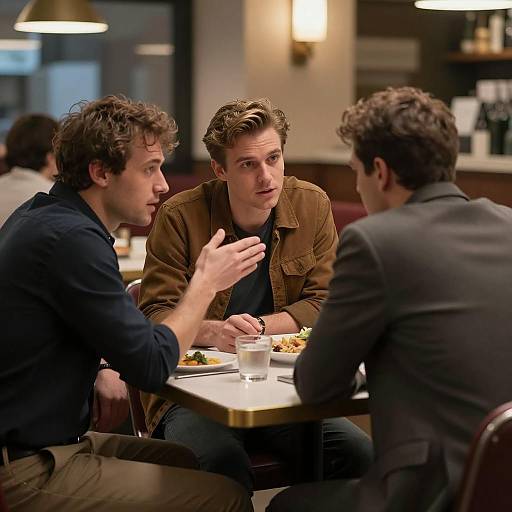 Three Men Conversing in Restaurant