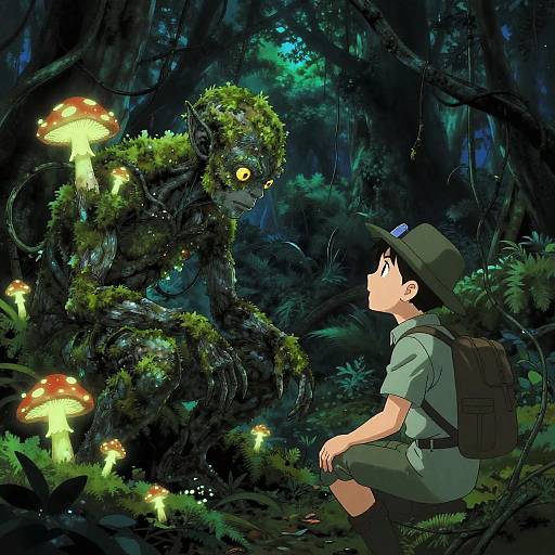 Digital anime-style forest scene: a moss-covered, glowing-eyed creature with mushrooms sits facing a wide-eyed boy in a scout uniform and backpack.